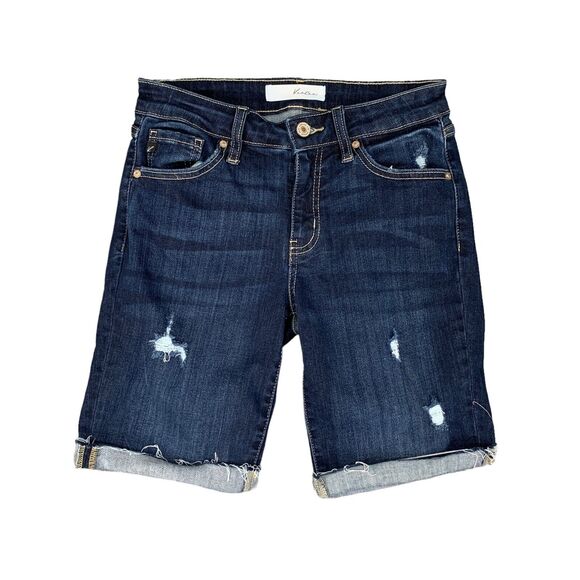 KanCan Short Women 5/26 Denim Kimm Mid Rise Bermuda Whiskered Distressed Cuffed - Picture 1 of 13